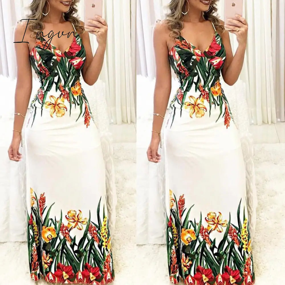 Ingvn - Summer Women Lady Sexy Sleeveless Strap Deep V-Neck Long Maxi Evening Party Elegant Dress Sundress