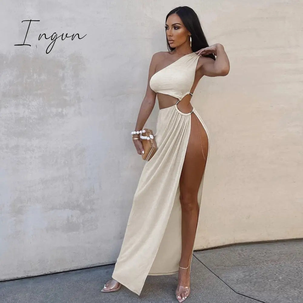 Ingvn - Sexy Asymmetric CutOut One Shoulder High Split Long Maxi Dresses for Women Fashion Party Vacation Outfits