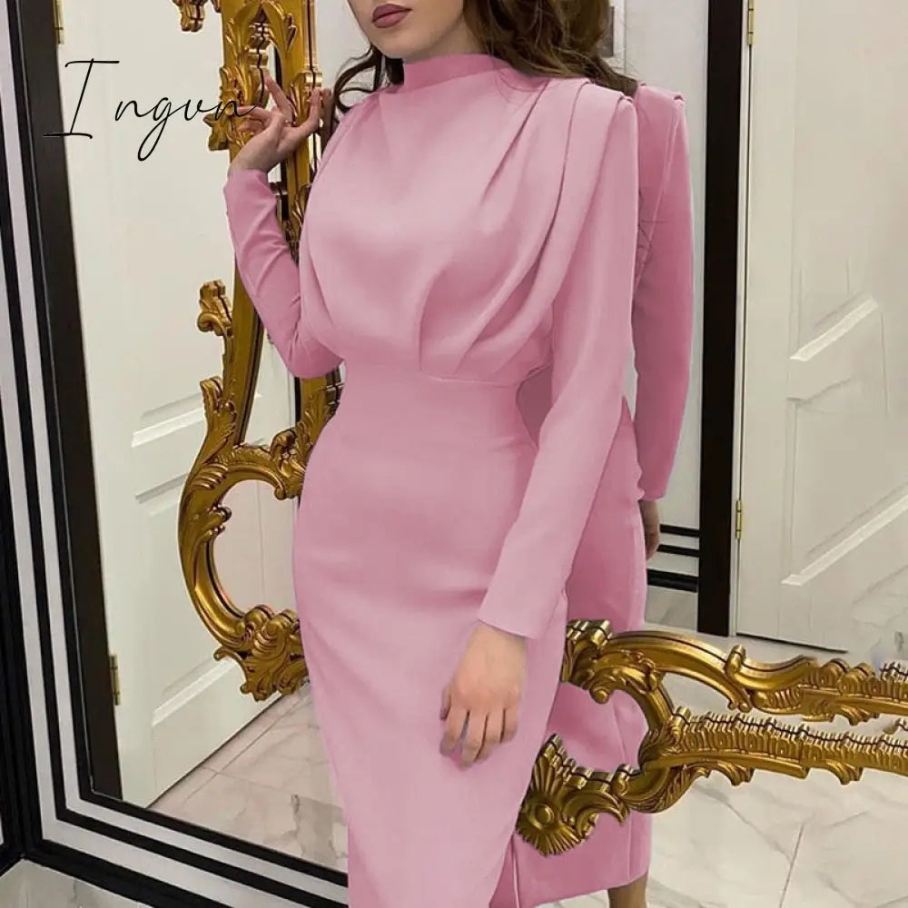 Ingvn - New Fashion Solid Party Dress Women Elegant Stand Collar Pleated Slim Long Dresses Lady Autumn Spring Casual Commute Dress