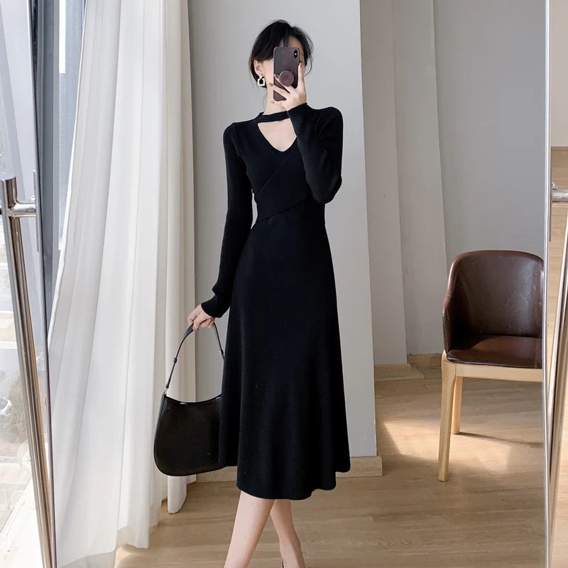 Sexy Evening Party Dress Sleeveless Solid A-line Long Knitted Dresses for Women Autumn Korean Prom Robe Vestidos Mujer New