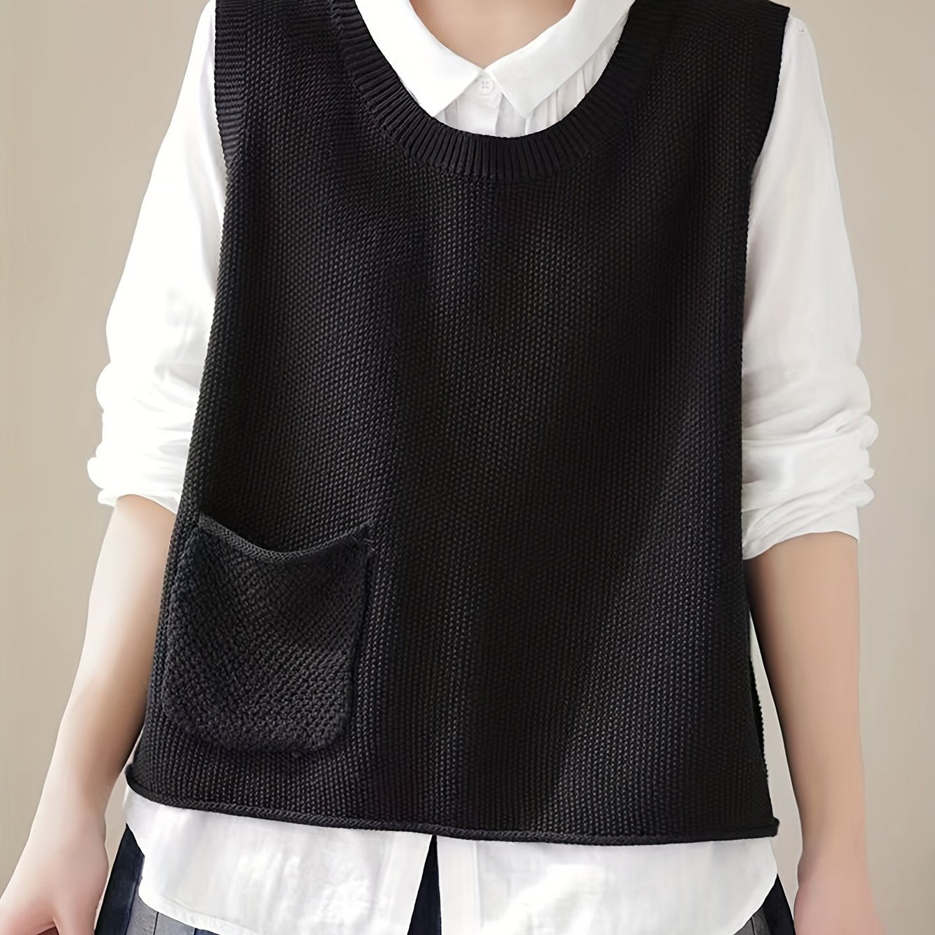 Women's Crew Neck Knit Vest - Casual Sleeveless Spring/Fall Sweater with Pocket, Easy-Care, Comfort Fit