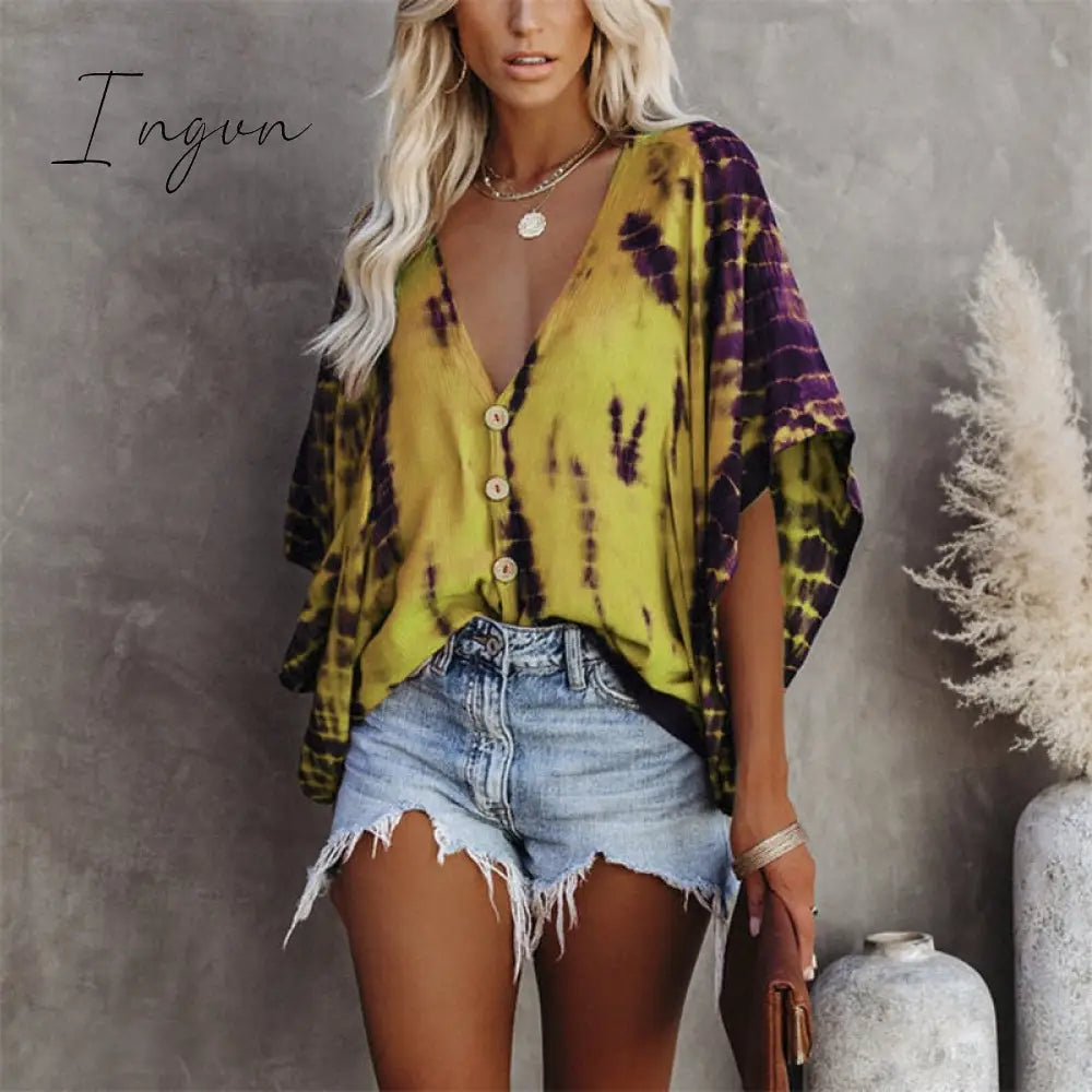 Ingvn - Summer Fashion Oversized Deep V-neck Women's Shirt Tie Dye Vintage Print Button Batwing Sleeve Top Female Casual Loose Cardigan