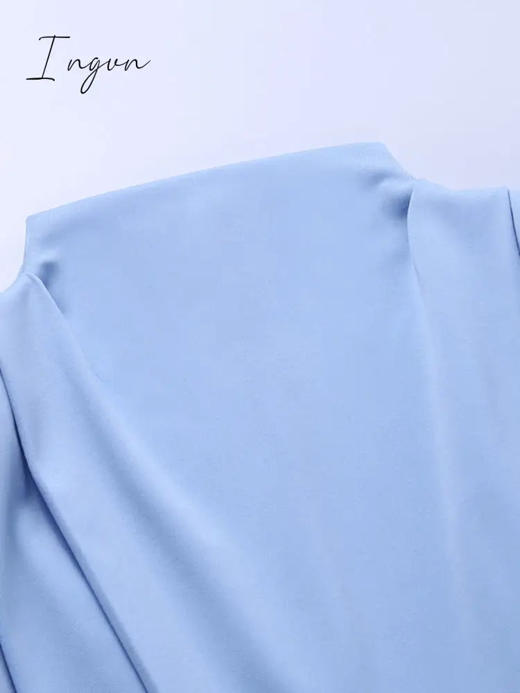 Ingvn - Elegant Women Dress Stand Collar Slim Waist Solid Blue Ankle Length Autumn Long Sleeve Casual Party Dress Fashion