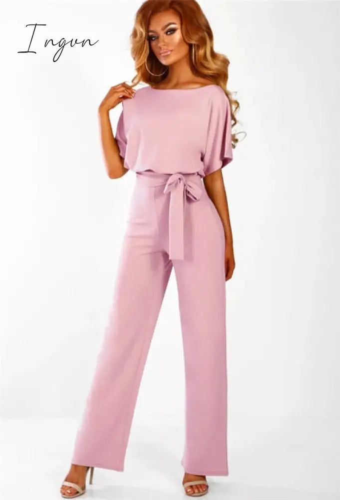 Ingvn - Women Summer Jumpsuit Short Sleeve Elegant jumpsuit Long wide leg Pants High waist Casual Bodysuit Plus Size Overalls Loose