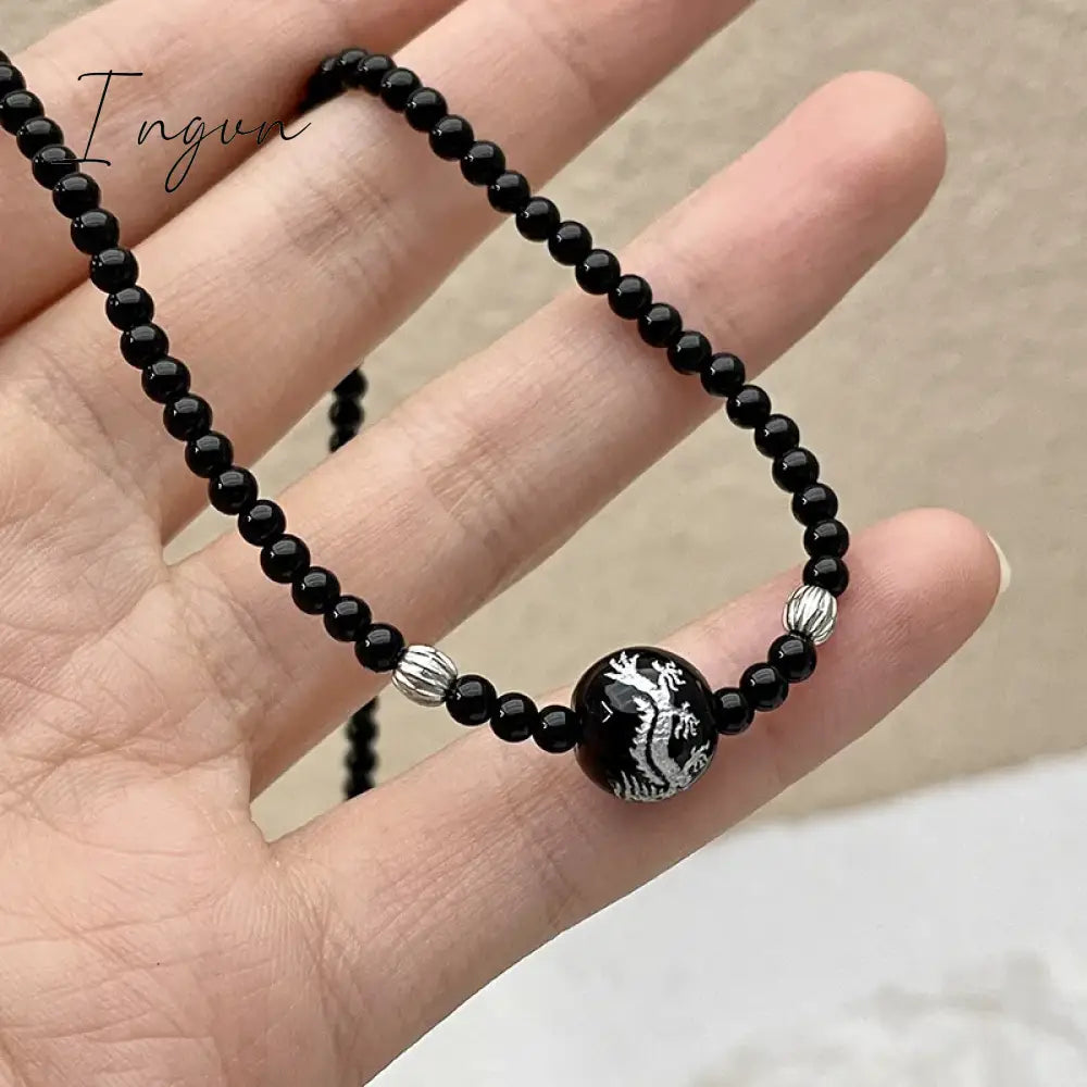 Harajuku Dragon Pattern Black Onyx Beads Necklace for Women Men Vintage Trend Y2K Egirl Black Agate Beaded Choker On The Neck