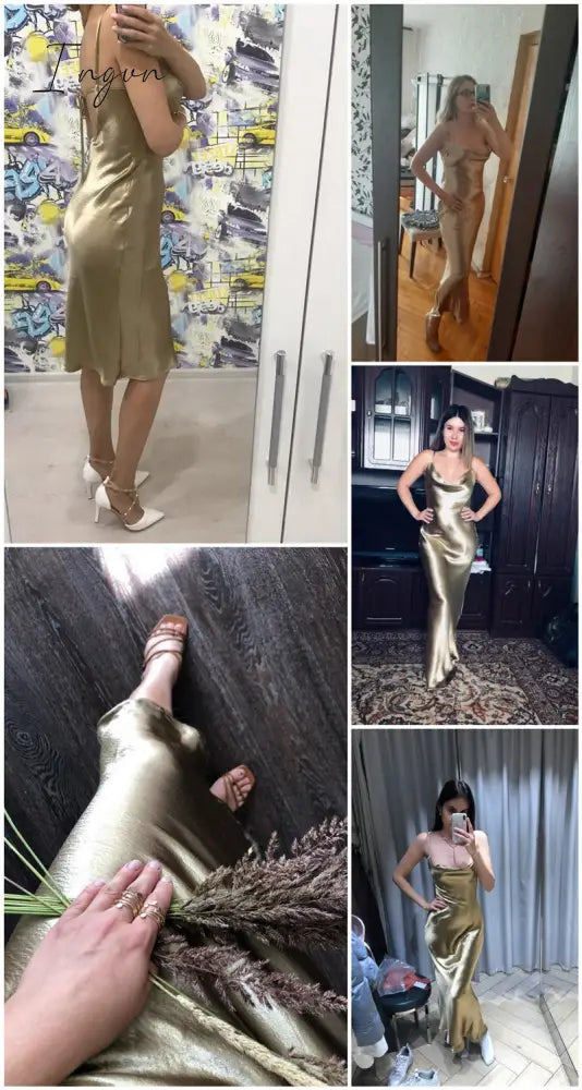 Ingvn - Summer Dresses For Women Sexy Spaghetti Strap Backless Summer Dress Women Satin Lace Up Trumpet Long Dress Elegant Bodycon Party Dresses