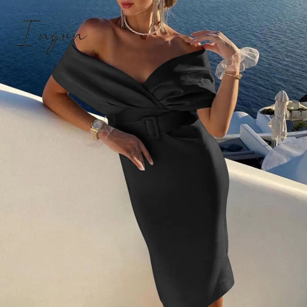 Ingvn - Autumn Elegant Dress Fashion Off shoulder V-neck High Waist Belt Slim Party Evening Dress Women
