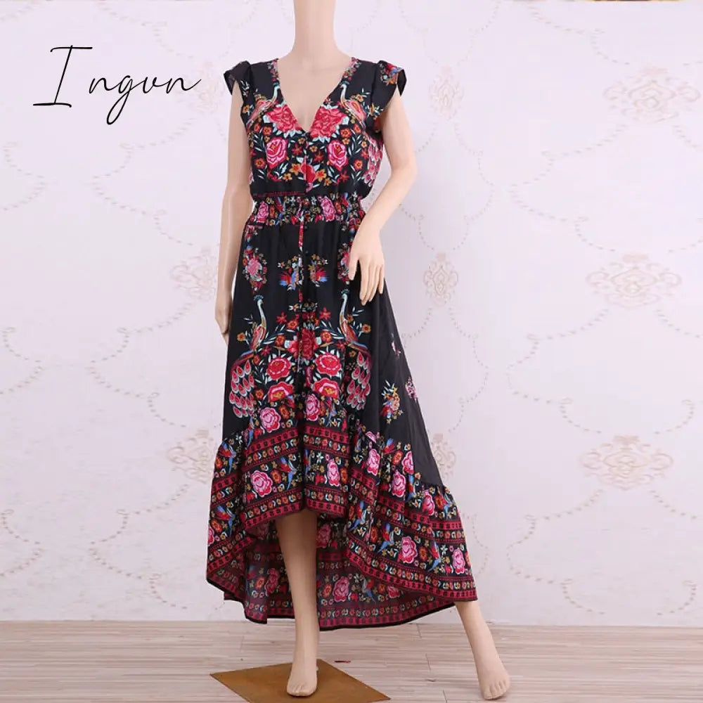 Ingvn - 2023 New Women Summer Boho Beach Maxi Dress Sexy V Neck Vintage Print Long Dresses Casual Sundress Dress