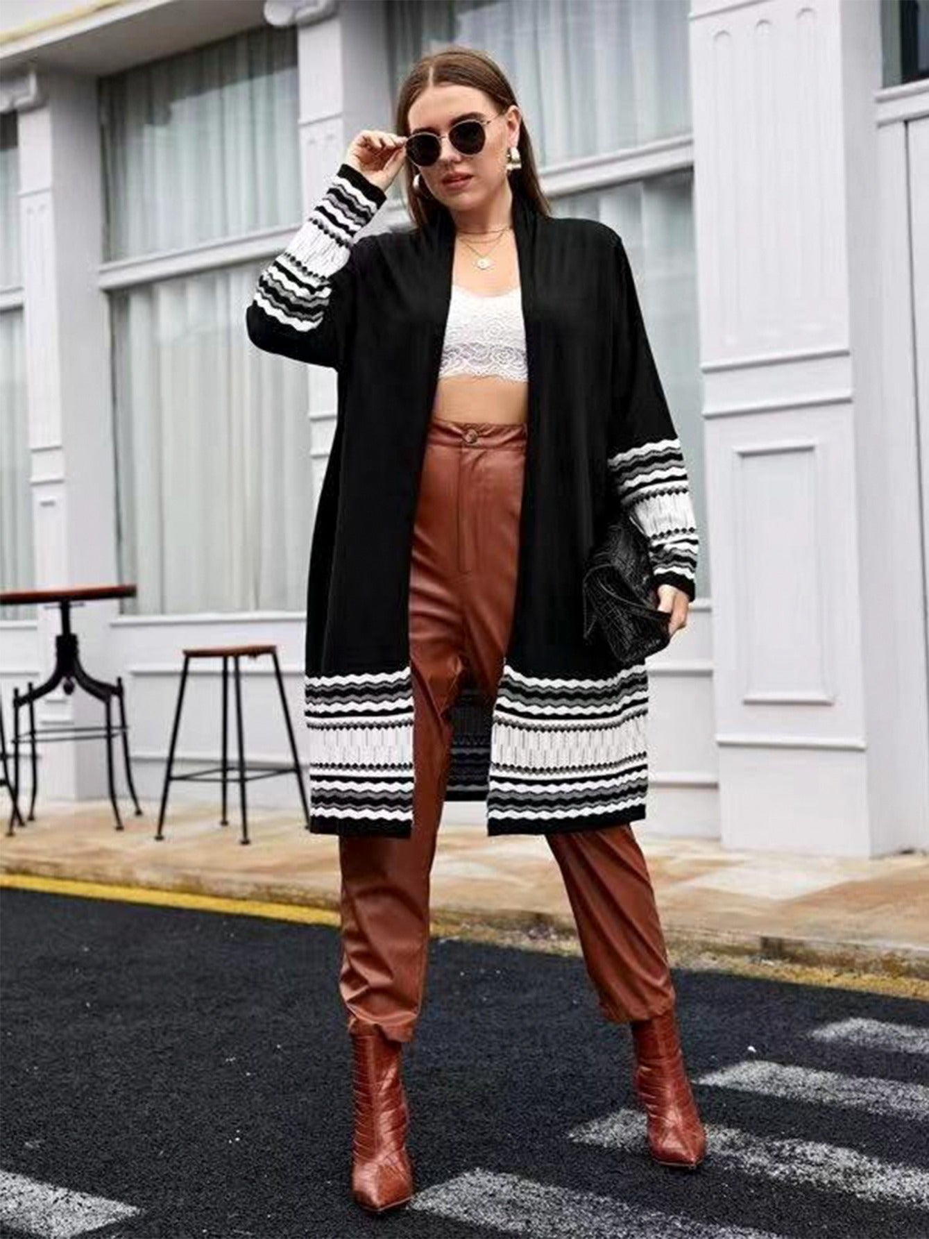 Women's Plus Size Long Casual Colorblock Knit High Stretch Sweater Cardigan