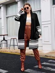Women's Plus Size Long Casual Colorblock Knit High Stretch Sweater Cardigan