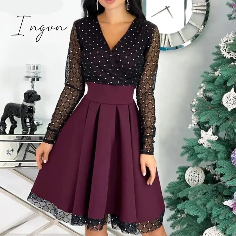 Ingvn - Spring Outfits Fashion Shiny Sequin Diamond Mesh Stitching Dress Women Spring Autumn Sheer Long Sleeve Belted Slim A Line Dresses