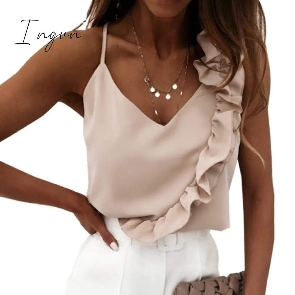 Ingvn - Muyogrt Women Summer Blouse Shirts Sexy V Neck Ruffle Blouses Backless Spaghetti Strap Office Ladies Sleeveless Casual Tops