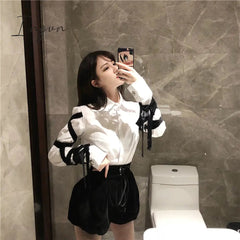 Ingvn - Womens Fashion Casual Office Lady Female Blous Long Sleeve Shirt Women Stitching Black Ribbons Spring Top Blouse 16W057