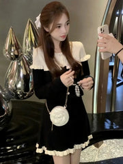 Autumn French Knitted Dresses for Women Elegant O-Neck Slim Ruffles Evening Party Mini Dress Female One Piece A-Line Vestidos