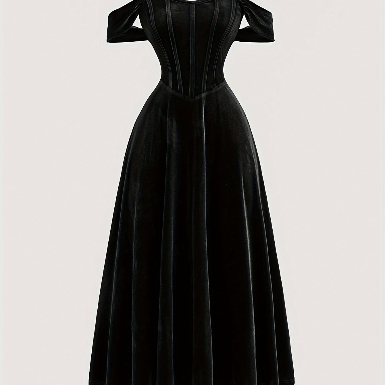 Elegant Off-Shoulder Knit Dress, 95% Polyester 5% Spandex, Solid Color Long Length Fit and Flare Gown with Tie Back Details for All Seasons