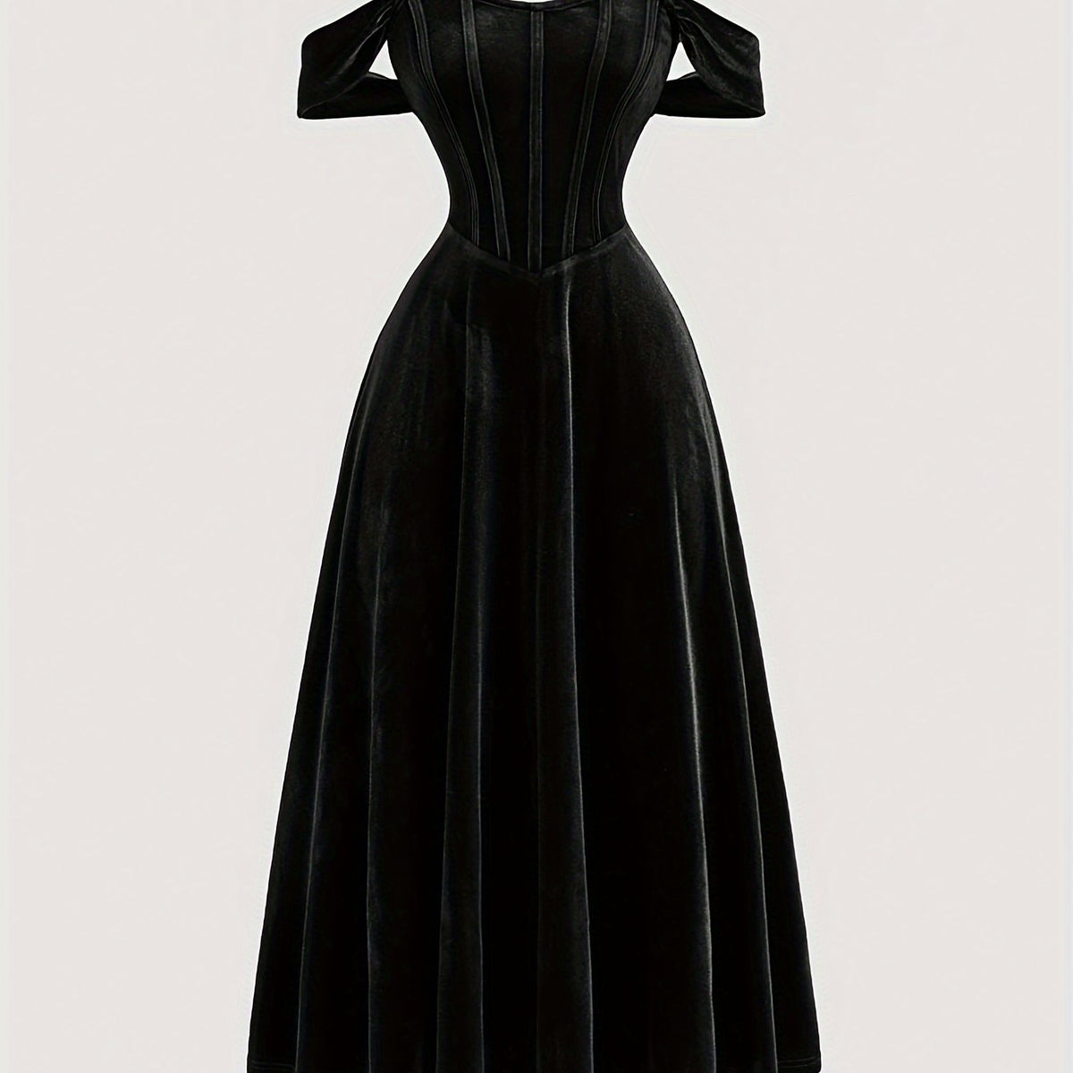 Elegant Off-Shoulder Knit Dress, 95% Polyester 5% Spandex, Solid Color Long Length Fit and Flare Gown with Tie Back Details for All Seasons