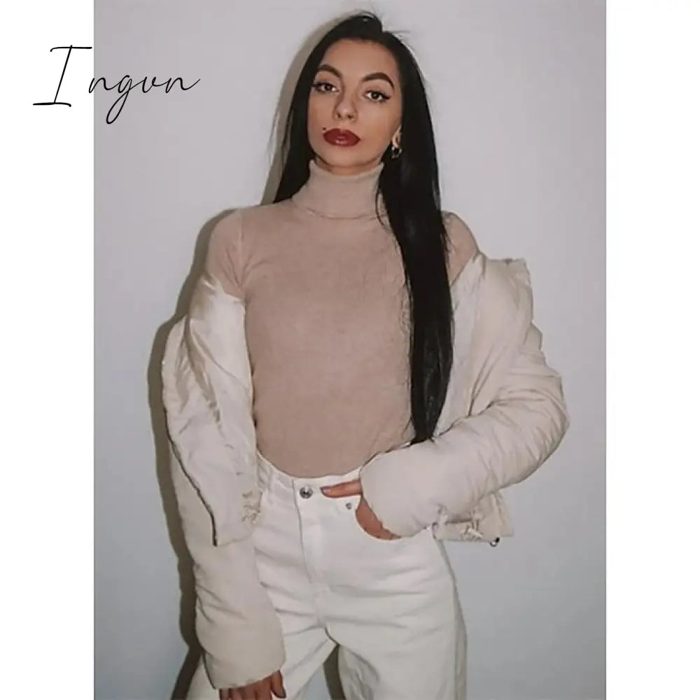 Ingvn - Women's Pullover Sweater Jumper Jumper Ribbed Knit Knitted Thin Solid Color Turtleneck Basic Casual Daily Winter Fall caramel Black One-Size