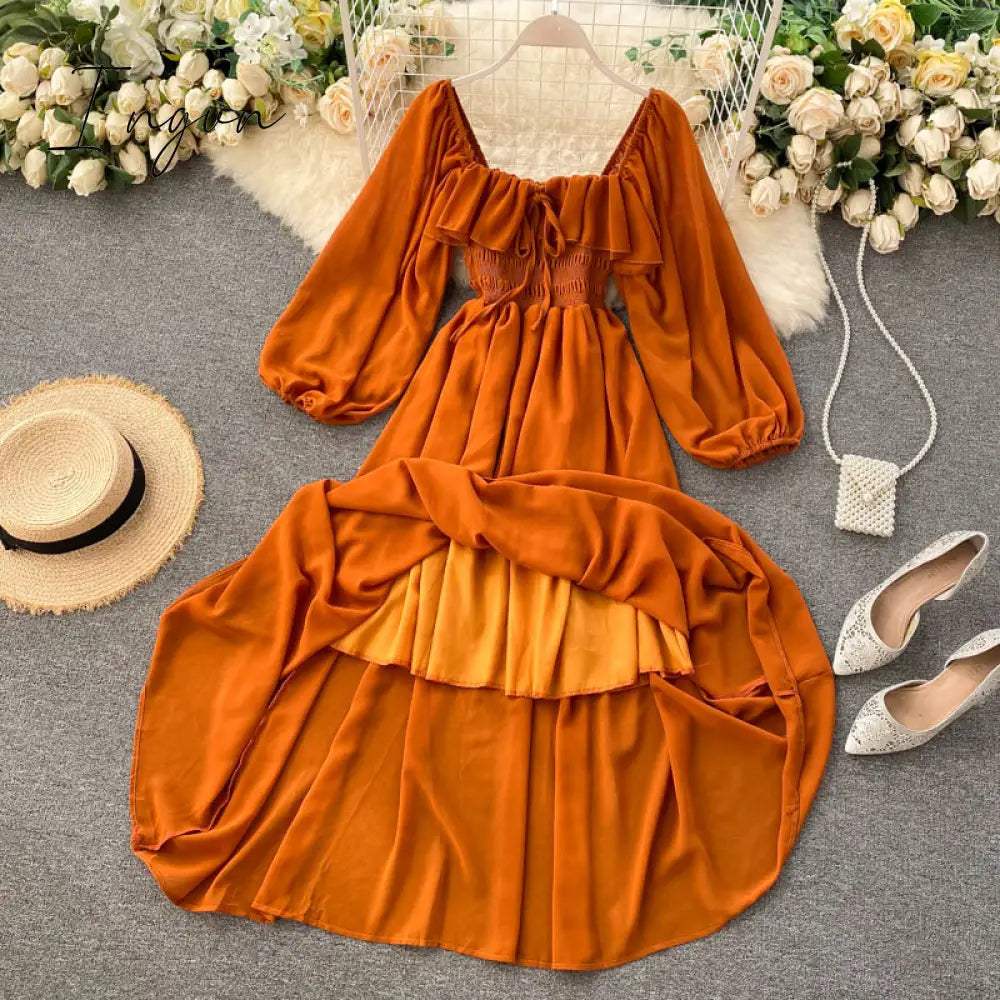 Ingvn - Woherb Chic Elegant Square Collar Maxi Dress Women Solid Chiffon Puff Sleeve Dresses Korean Fashion Vintage Ruffle Vestidos