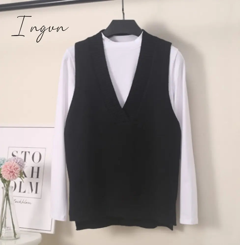 Ingvn - Women V Neck Sweater Vest Korean Preppy Style Solid Knitted Sleeveless Sweater Female Autumn Winter Casual Loose Pullover Jumper