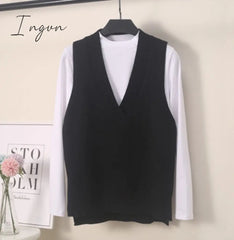 Ingvn - Women V Neck Sweater Vest Korean Preppy Style Solid Knitted Sleeveless Sweater Female Autumn Winter Casual Loose Pullover Jumper