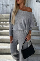 Ingvn - Casual Print Solid Basic Oblique Collar Two Pieces