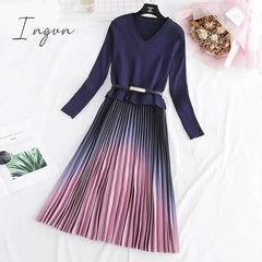 Ingvn - Autumn Winter Elegant Knitted Patchwork Gradient Pink Pleated Dress Women Long Sleeve Office One-Piece Sweater Dress With Belt