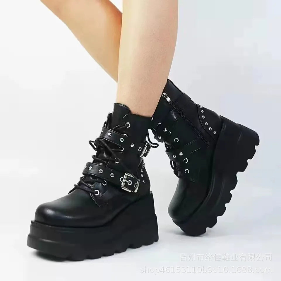 Autumn Winte Punk Halloween Witch Cosplay Platform High Wedges Heels Black Gothic Boots Women Shoes Big Size 42 Rivet Shoe