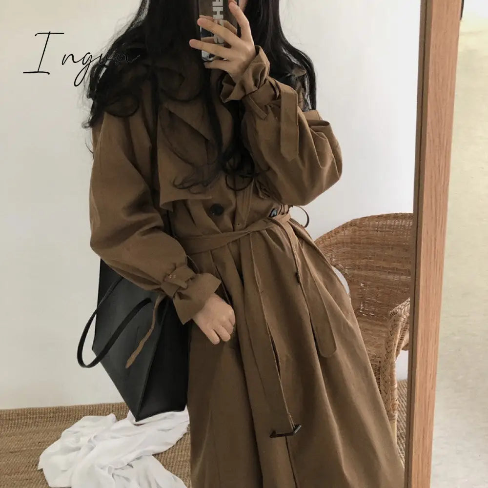 Ingvn - Chic Women Trench Coat Casual Women's Long Outerwear Loose Overcoat Autumn Winter Fashion Double-breasted Windbreaker Femme