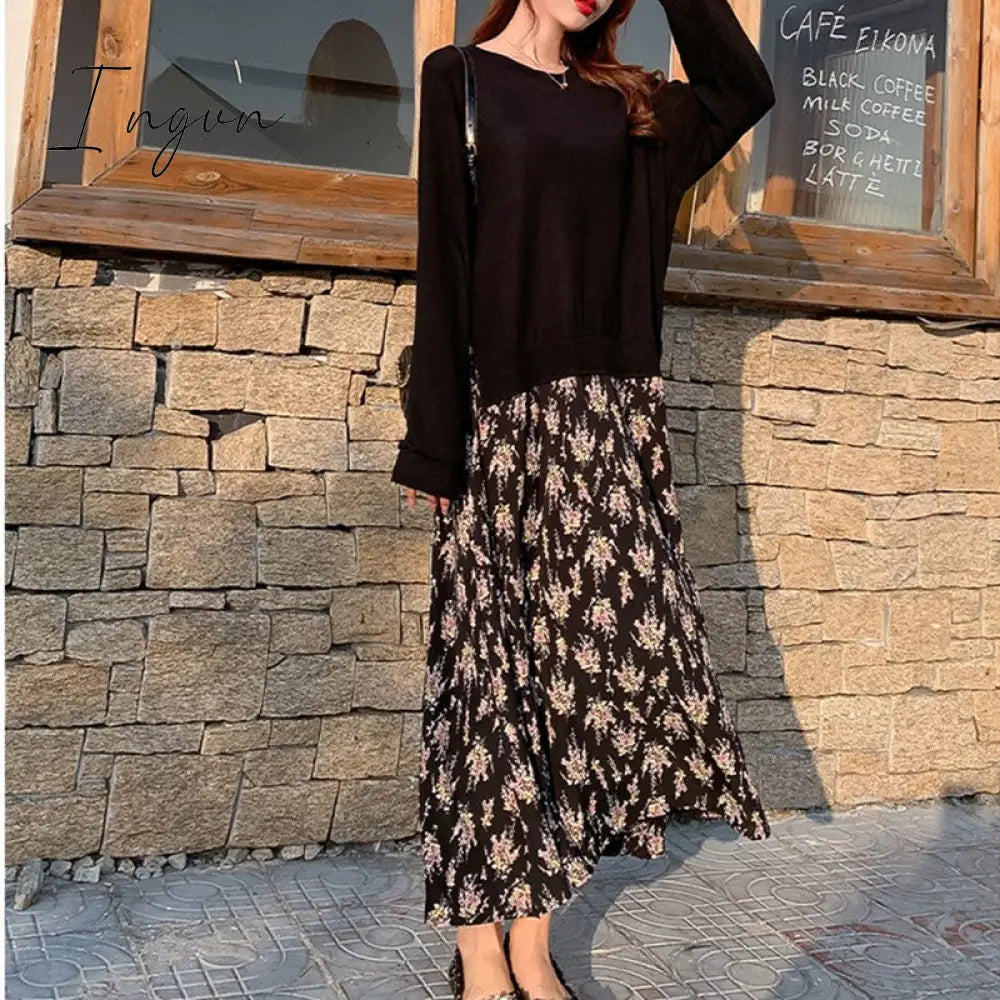 Ingvn - Autumn Women Plus Size XL-5XL Ladies Long Sleeve T-Shirt Dress Patchwork Print Robe Fake Two Piece Dress D08108R