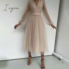 Ingvn - Deep V-Neck Women Mesh Dress Party Summer Long Puff Sleeve Pink Zipper A-Line Thin Waist Translucent Young Girls Clothes