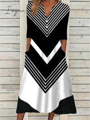 Ingvn - Women's Casual Dress Shift Dress Midi Dress Black and white stripes Green Dark Blue Half Sleeve Color Block Button Summer Spring V Neck Basic Vacation 2023 S M L XL XXL 3XL