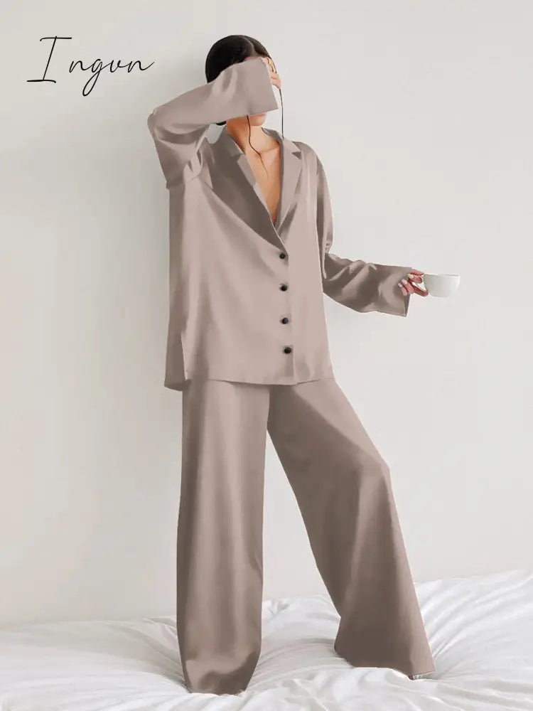 Ingvn - Oversized Satin Silk Sleepwear Low Cut Sexy Pajamas For Women Single-Breasted Long Sleeves Wide Leg Pants Trouser Suits