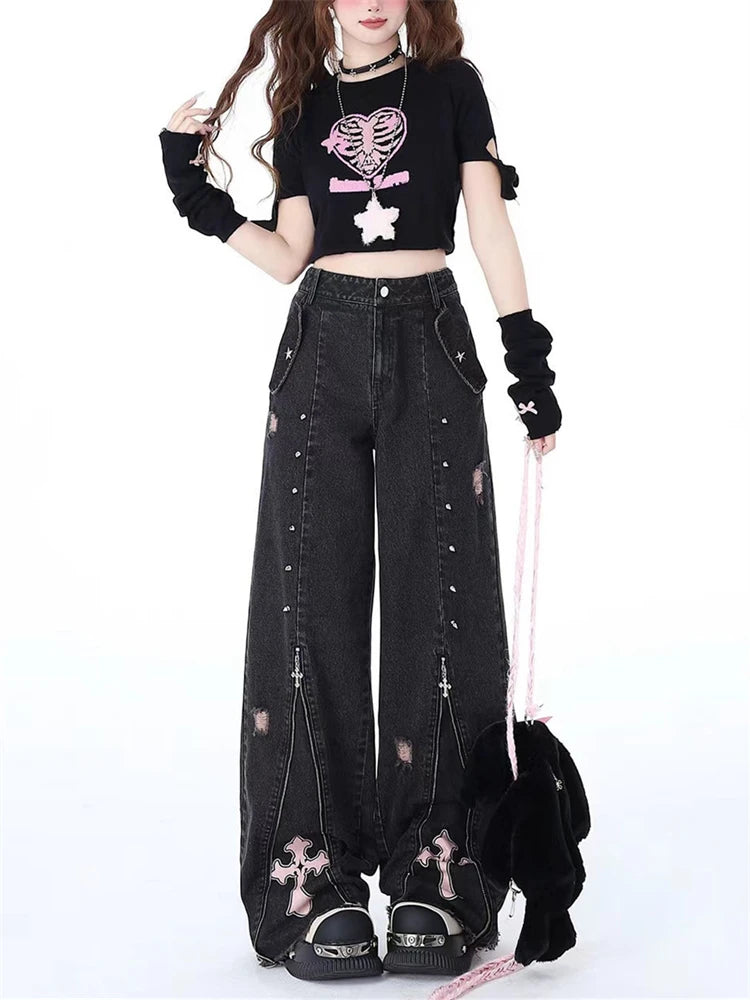 Ingvn  Women's Zipper Splicing Design Black Gray Jeans Cool Girl High Waisted Fashion Loose Pants Female Straight Retro Denim Trousers