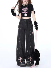 Ingvn  Women's Zipper Splicing Design Black Gray Jeans Cool Girl High Waisted Fashion Loose Pants Female Straight Retro Denim Trousers