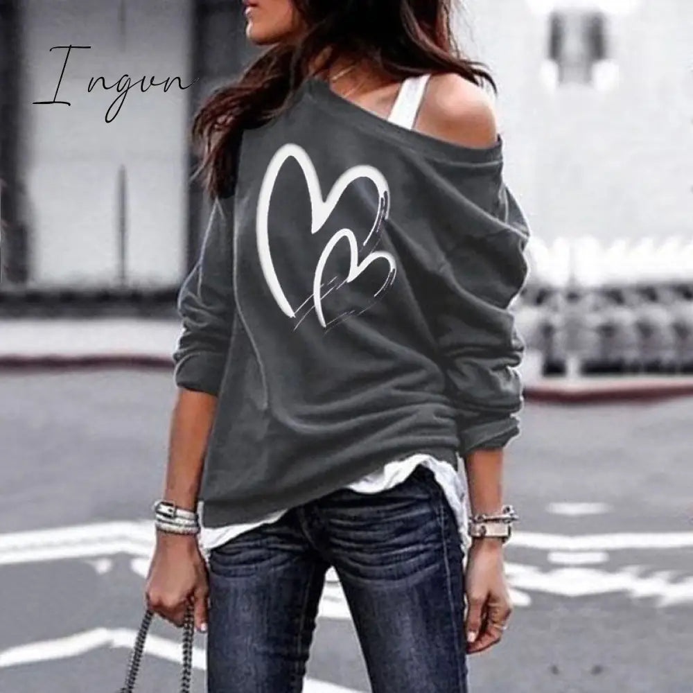 Ingvn - Women's Pullover Sweatshirt Heart Printed Long Sleeve One Shoulder Tops Autumn Winter Sweat Shirts Woman Casual Top