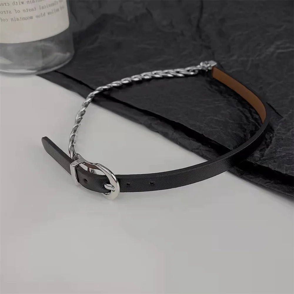 INGVN  Kpop Black Leather Choker Stainless Steel Cuban Clavicle Chain Collar For Women New Goth Ladies Jewelry Wholesale