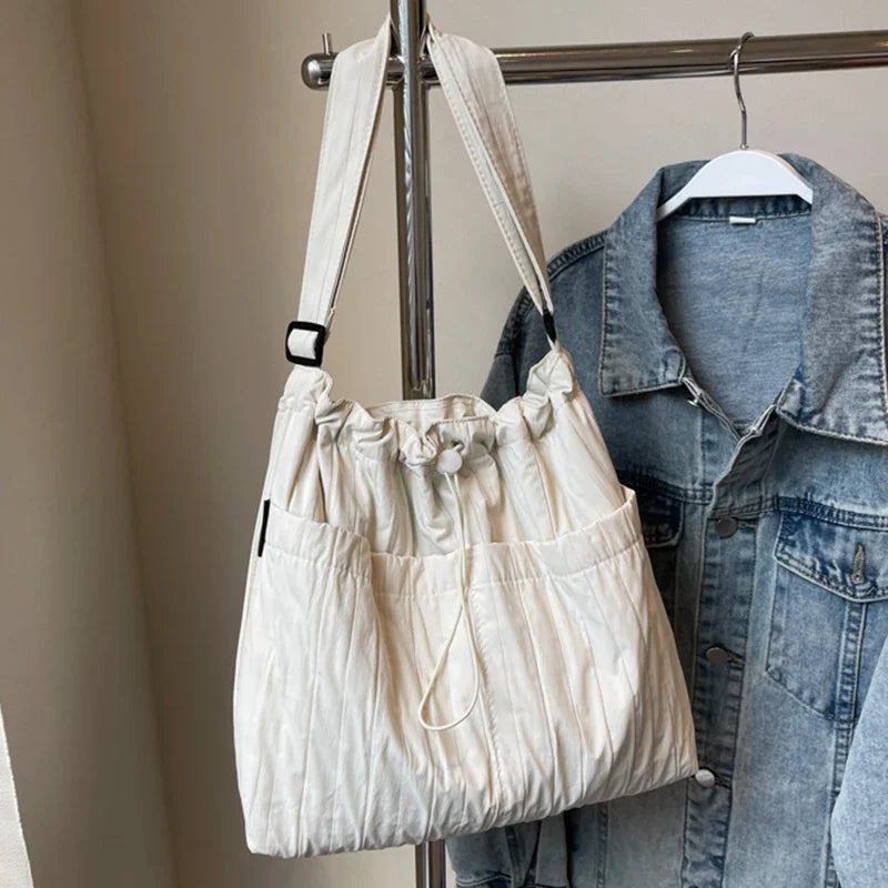 Ingvn  Simple Pleated Women's Shoulder Bag Soft Nylon Ladies Crossbody Bags Vintage Large Capacity Female Tote Drawstring Handbags