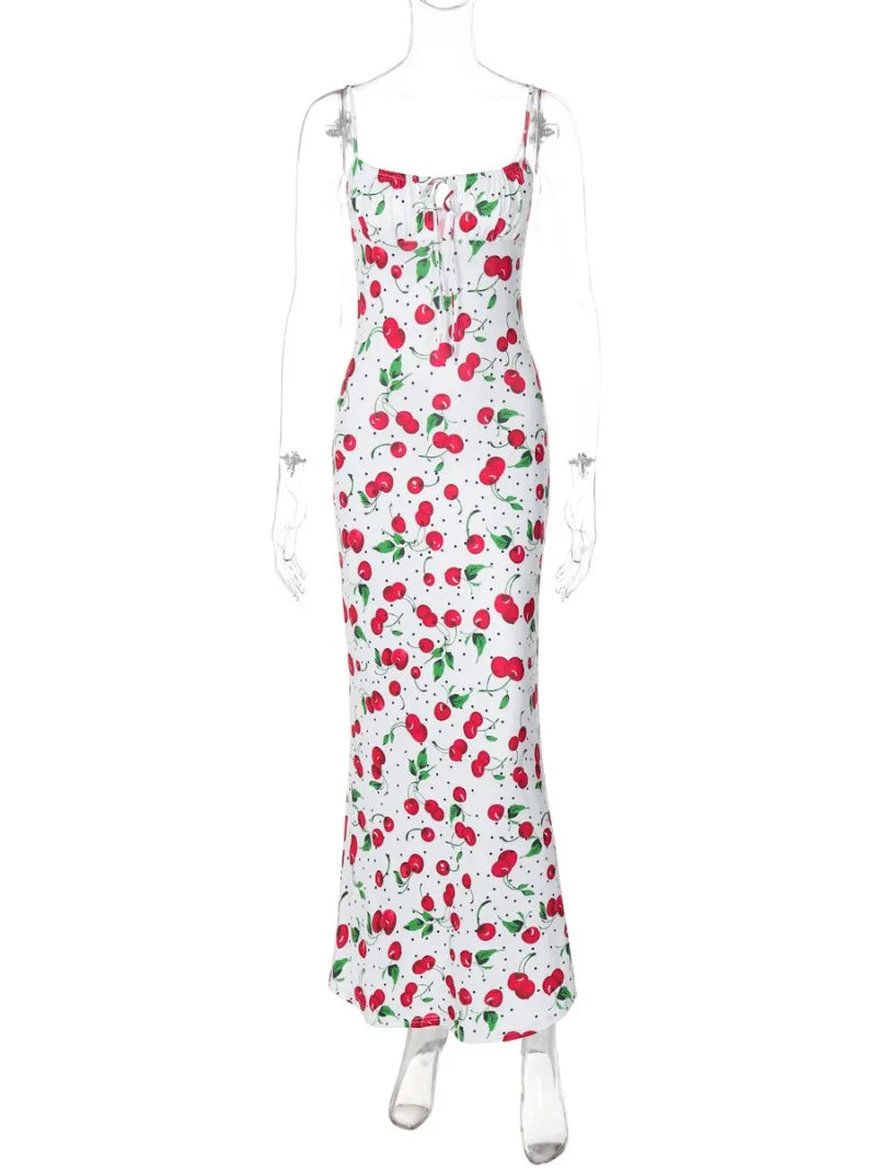 Ingvn  Woman Clothing Cherry Pattern Printed White Slip Dress  Girls Sleeveless Lace-up High Waist Slim Long Holiday Party Dresses