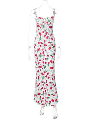 Ingvn  Woman Clothing Cherry Pattern Printed White Slip Dress  Girls Sleeveless Lace-up High Waist Slim Long Holiday Party Dresses