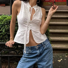 y2k Tank Top Women Summer Clothes White Flower Embroidery Mock Neck Front Cutout Sleeveless T Shirt Vest Streetwear