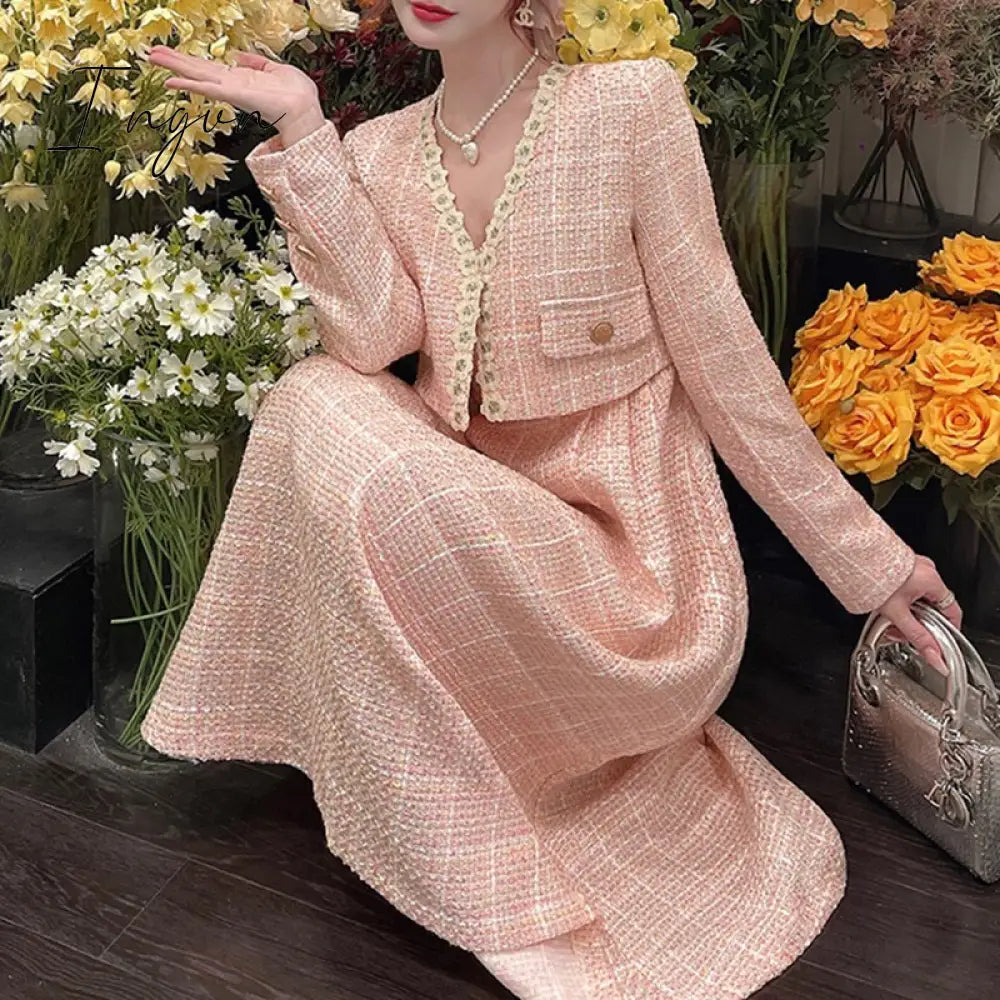 Ingvn - Pink Plaid Tweed Jacket + Strapped Dress Women Vintage Winter Elegant Party Woolen 2 Piece Sets Ladies Autumn Dress Sets