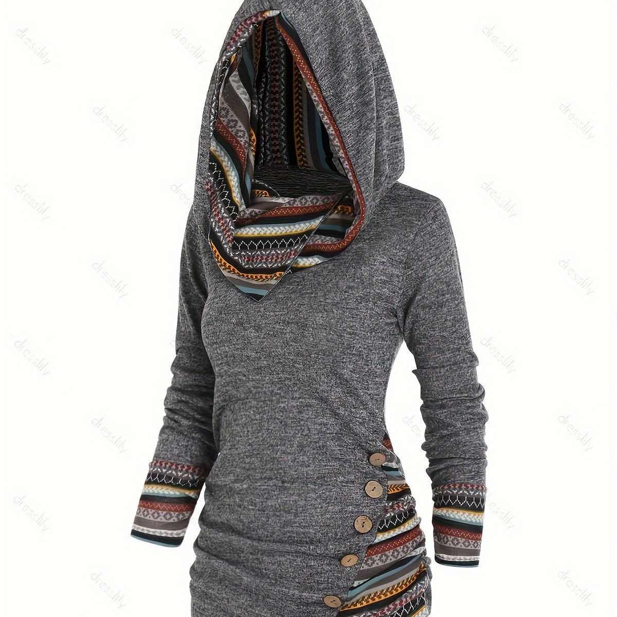 Trendy Stripe Hoodie with Button Accent - Long Sleeve Splicing Design - Cozy Casual Wear for Women