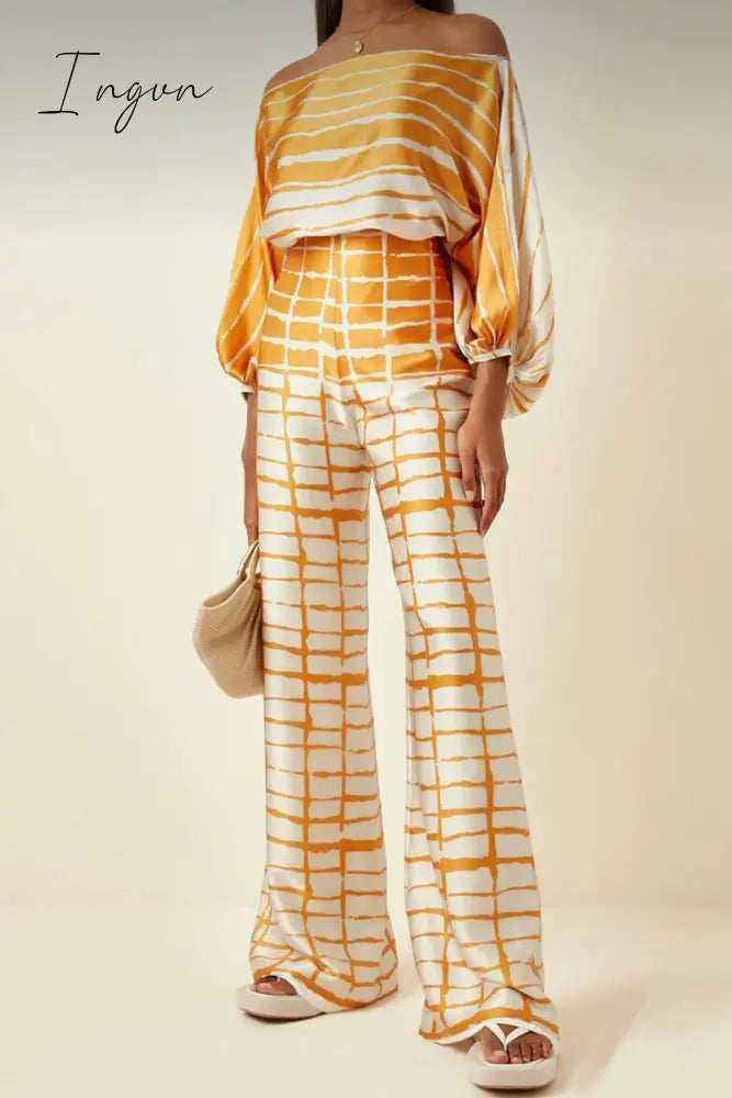 Ingvn - Casual Elegant Print Patchwork Off the Shoulder Long Sleeve Two Pieces(13 Colors)