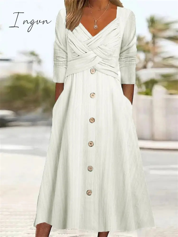 Ingvn - Women's Casual Dress Summer Dress Pleated Dress Plain Ruched Button V Neck Midi Dress Fashion Mature Outdoor Street Half Sleeve Loose Fit White Purple Green Summer Spring S M L XL XXL