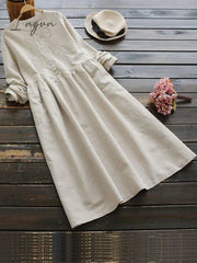 Ingvn - Autumn Embroidery Long Shirt Dress Vintage Women Casual Cotton Vestidos Women Long Sleeve Sundress Kaftan