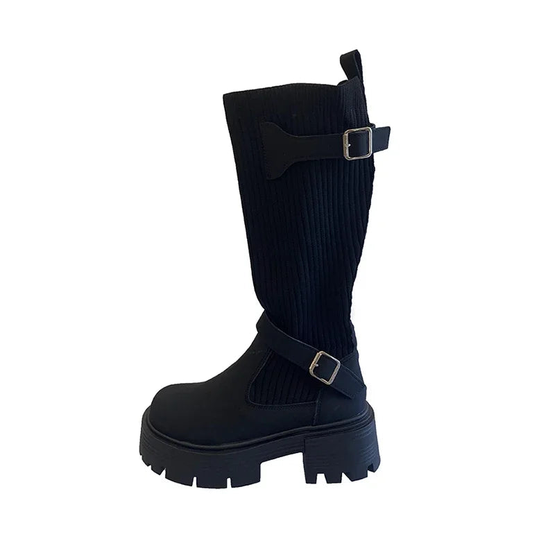 Ingvn  Street Style Knee-High Women Boots Fashion Platform Square Heels Shoes Female Knight Long Booties Zapatos De Mujer