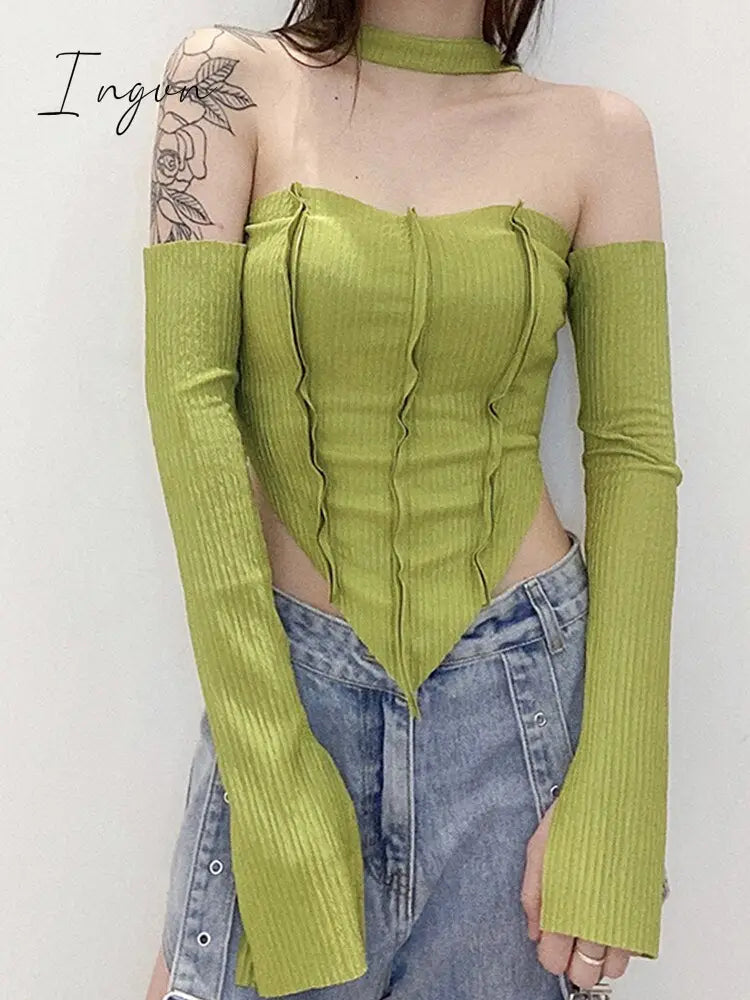 Ingvn - Y2K Top Women Long Sleeve T-Shirts 2 Piece Tops Halter Tanks Backless Crop Top Off Shoulder Tees Sexy Christmas Clothes