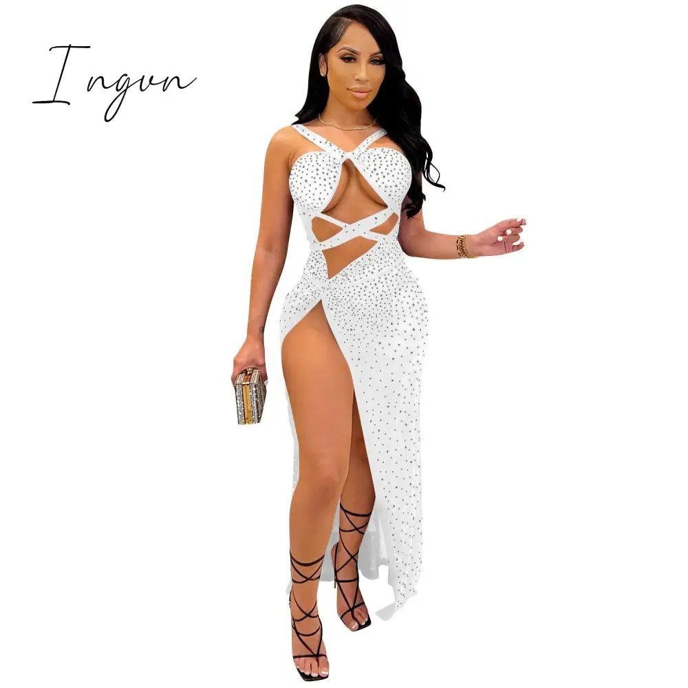 Ingvn - Sheer Mesh Diamonds Sequined Pearls High Split Long Dress For Women Straps Bodycon Long Vestidos Night Party Rhinestone Outfits