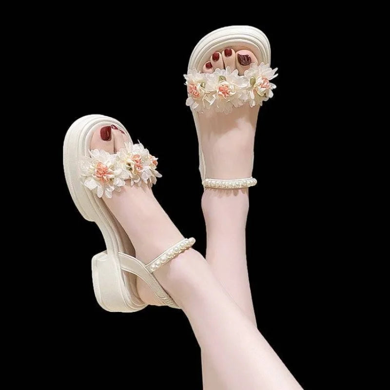 Ingvn  Summer Sandals for Woman Diamond Women's Shoes Beach Footwear with Medium Heels Beige Platform Rhinestones F Korea
