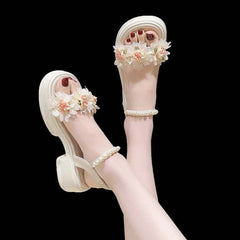Ingvn  Summer Sandals for Woman Diamond Women's Shoes Beach Footwear with Medium Heels Beige Platform Rhinestones F Korea